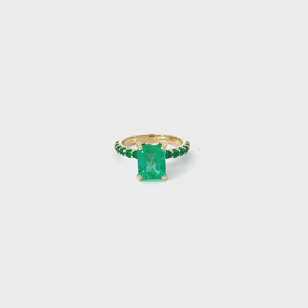 14k Yellow Gold 2.61ct Emerald Cut Columbian "Green Goddess"/.75ct Round Emerald on the the Shank and .10ct F VS2 Round Diamond the Halo Ring Certified By  GIA #2235203800
