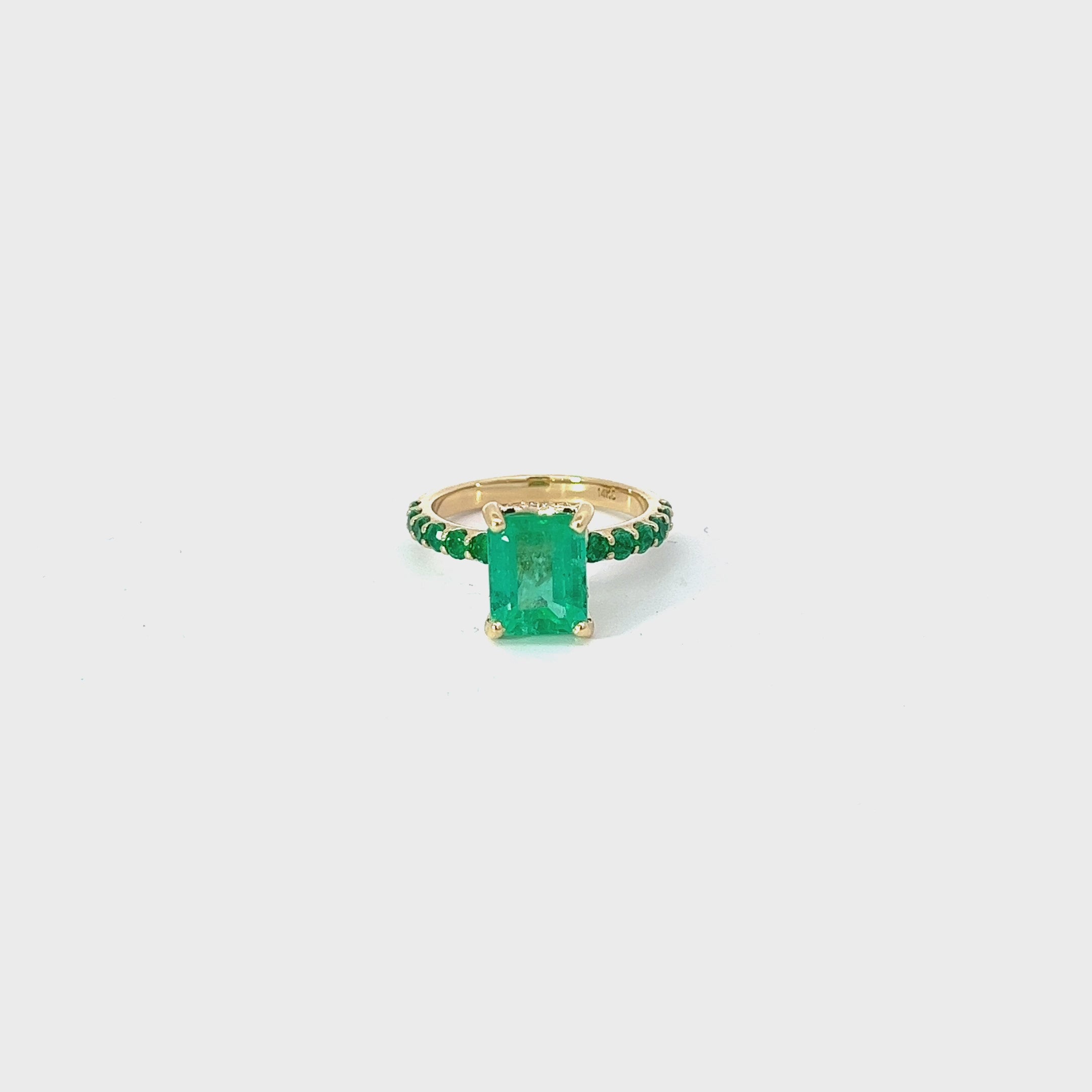 14k Yellow Gold 2.61ct Emerald Cut Columbian "Green Goddess"/.75ct Round Emerald on the the Shank and .10ct F VS2 Round Diamond the Halo Ring Certified By  GIA #2235203800