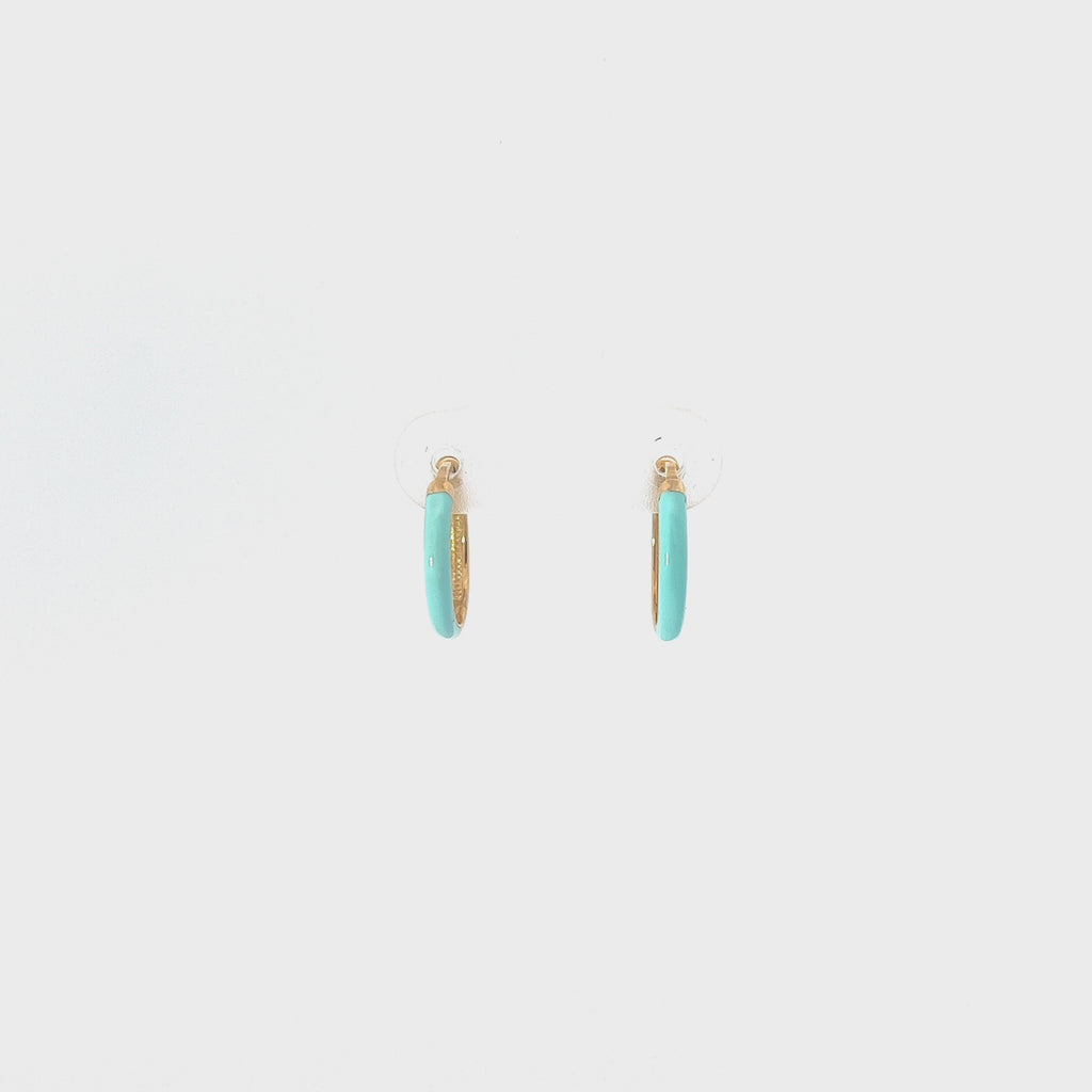 14k Yellow Gold Turquoise Enamel Hoop Earrings