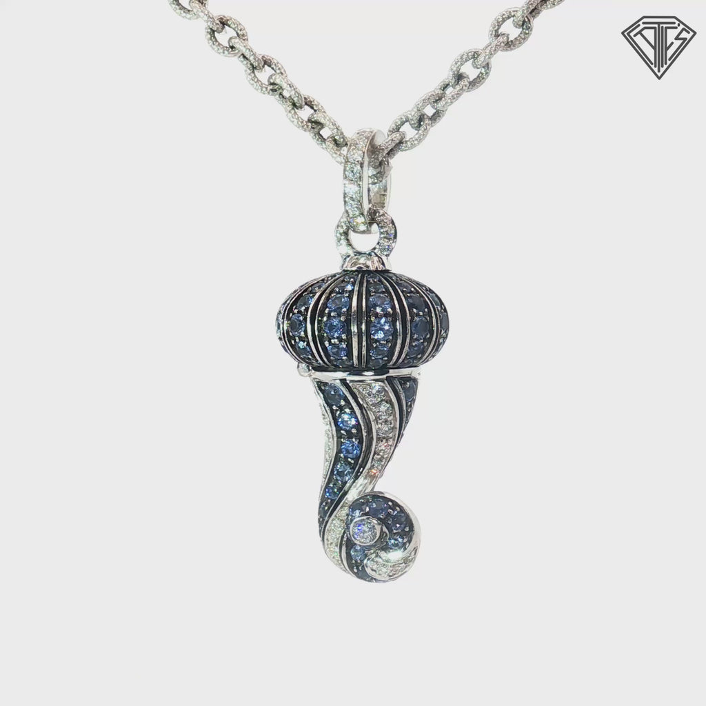 18k White Gold Round Sapphire and Round Diamond Shell Form Pomander Italian Pendant Necklace 1059 NA, Naples