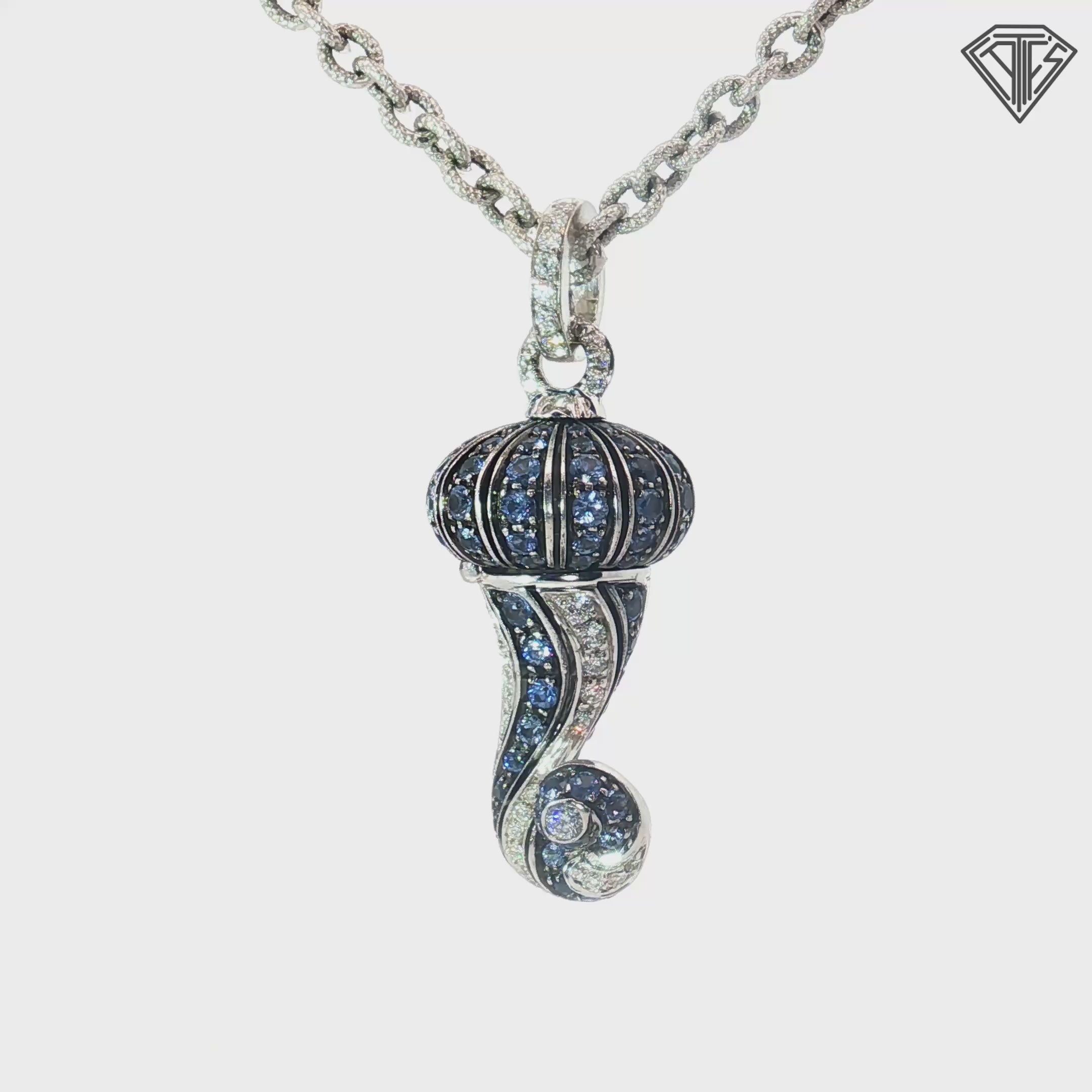 18k White Gold Round Sapphire and Round Diamond Shell Form Pomander Italian Pendant Necklace 1059 NA, Naples