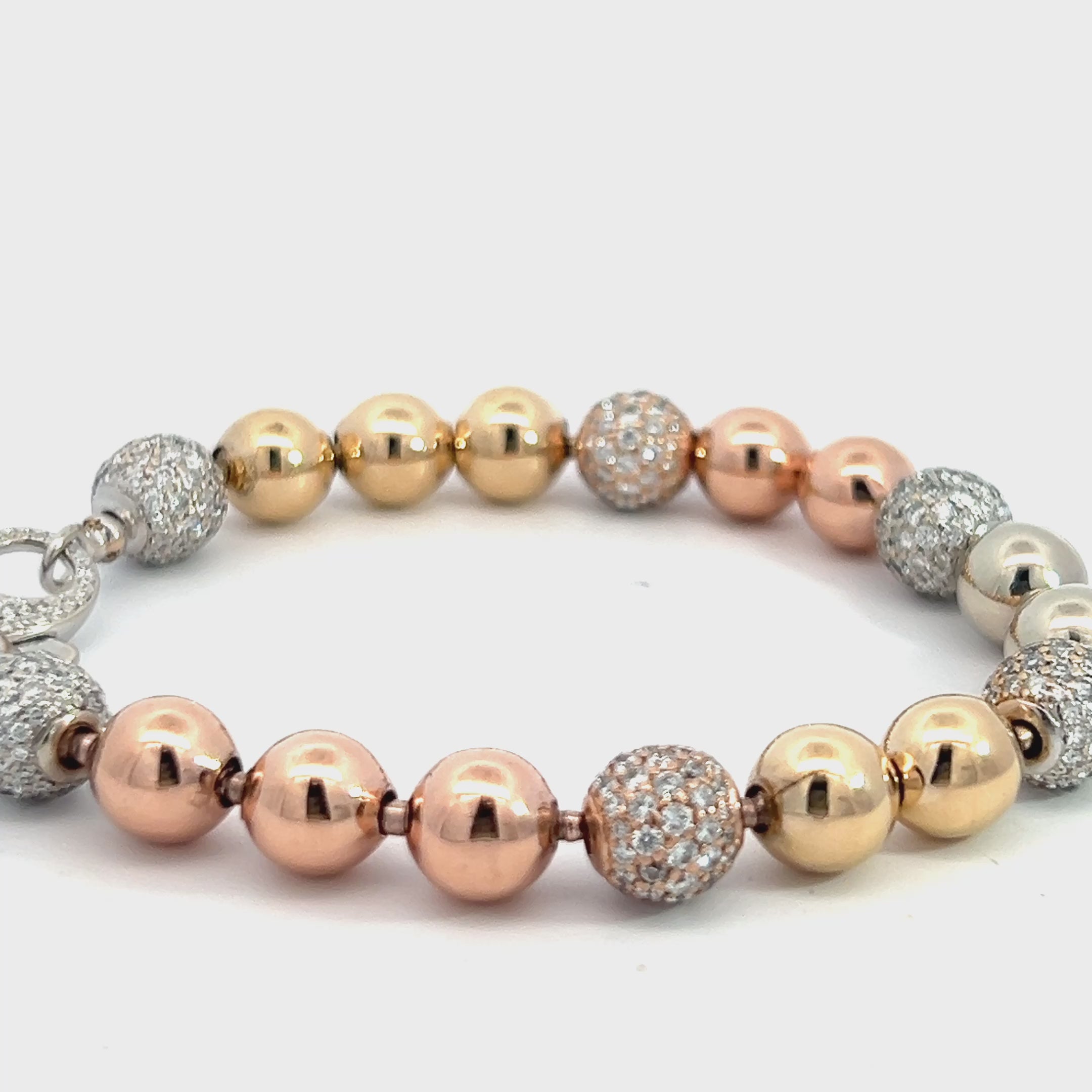 14k Tri-Color 3.00ct Total Weight of G VS2 Diamond 8mm White Pave Round/ White and Yellow Gold Beaded and White Gold Diamond Clasp Bracelet