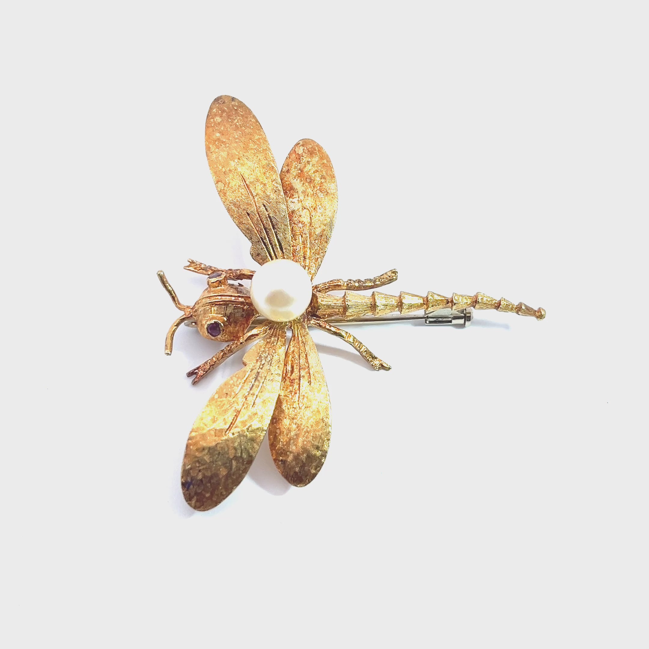 Vintage Corletto 18k Yellow Gold Ruby Eye Pearl back Dragonfly Brooch Pin