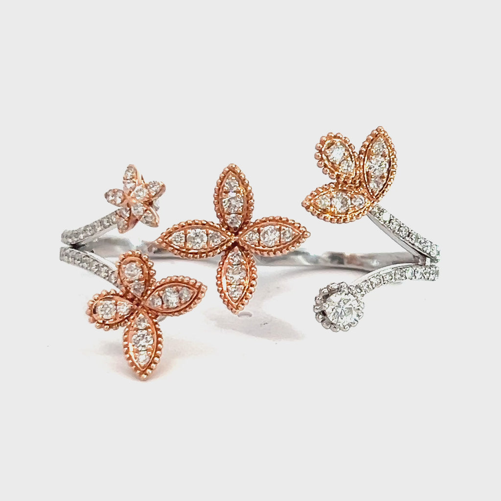 14k Rose and White Gold .75ct F VS2 Round Diamond 2 Finger Open Flower Leaf Ring