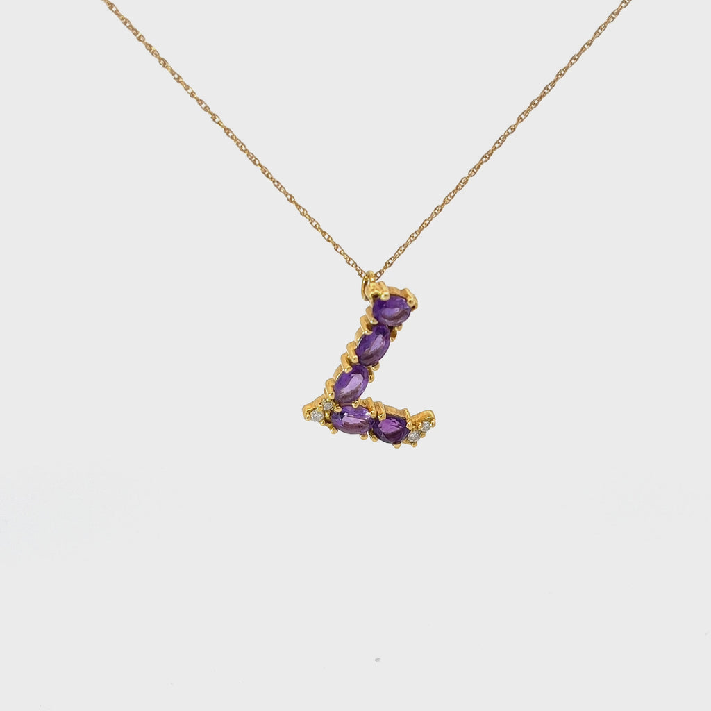 18k Yellow Gold 2.20ct Oval Amethyst and .06ct G SI1 Round Diamond "L" Necklace