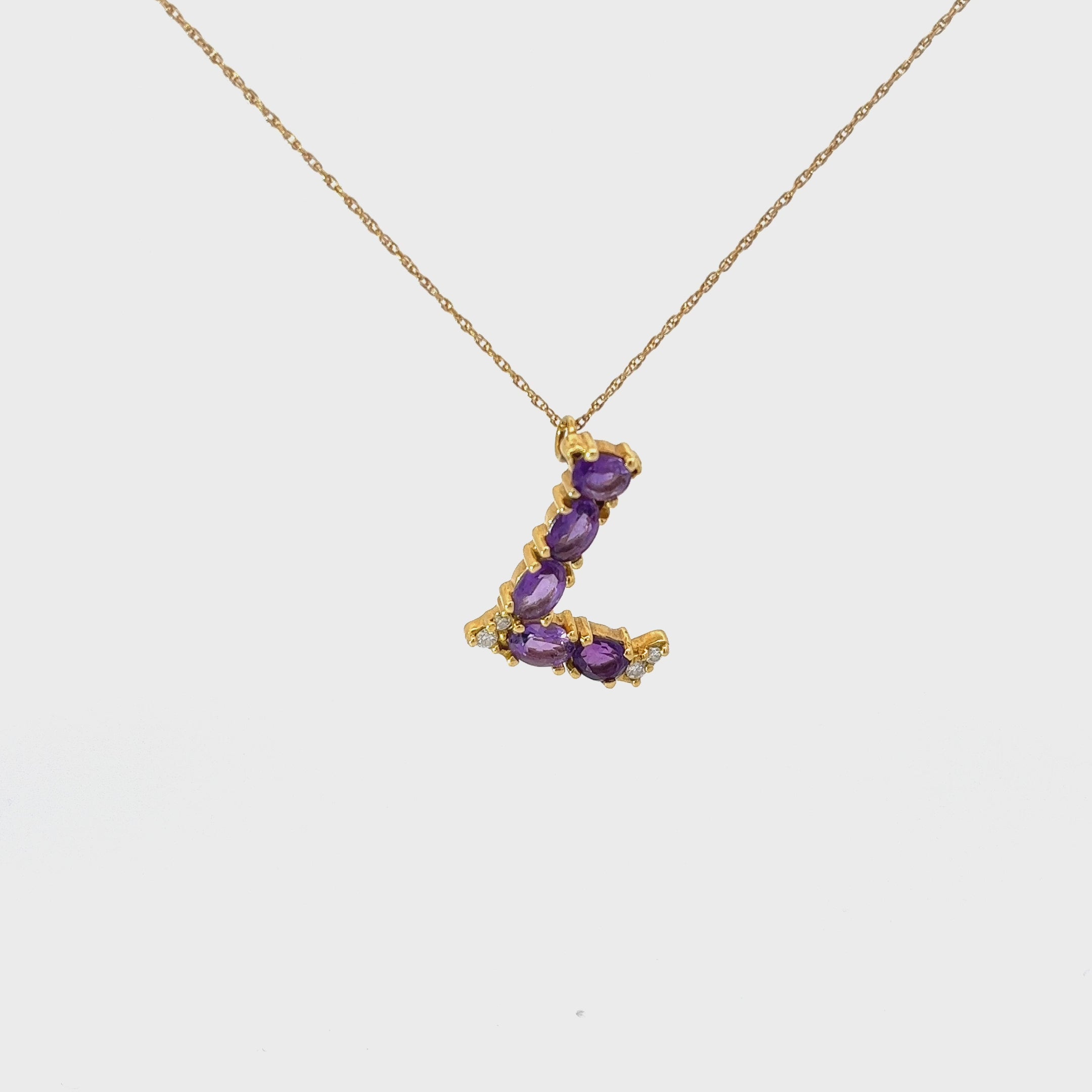 18k Yellow Gold 2.20ct Oval Amethyst and .06ct G SI1 Round Diamond "L" Necklace