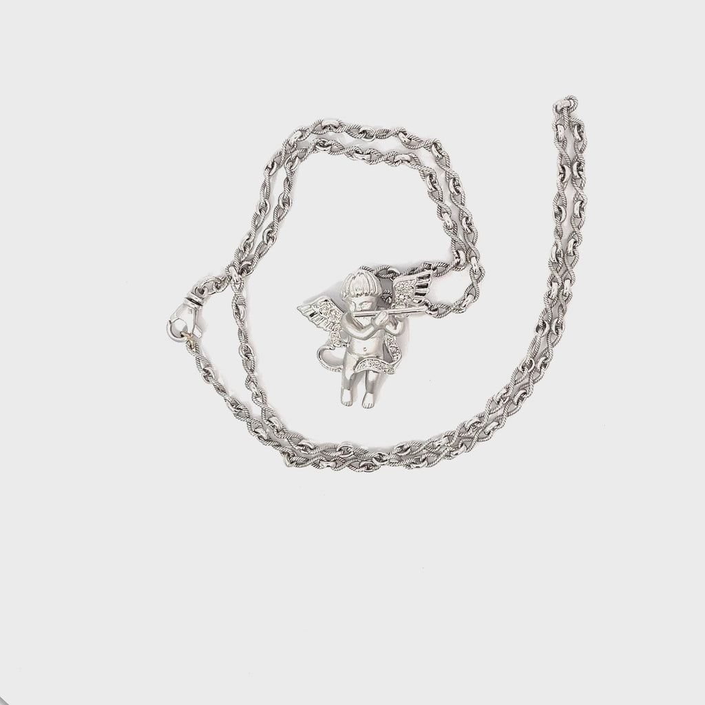14k White Gold .20ct F VS2 Round Diamond Cherub with a Flute/ Braided Infinity Fancy Link Chain 17.2 gram