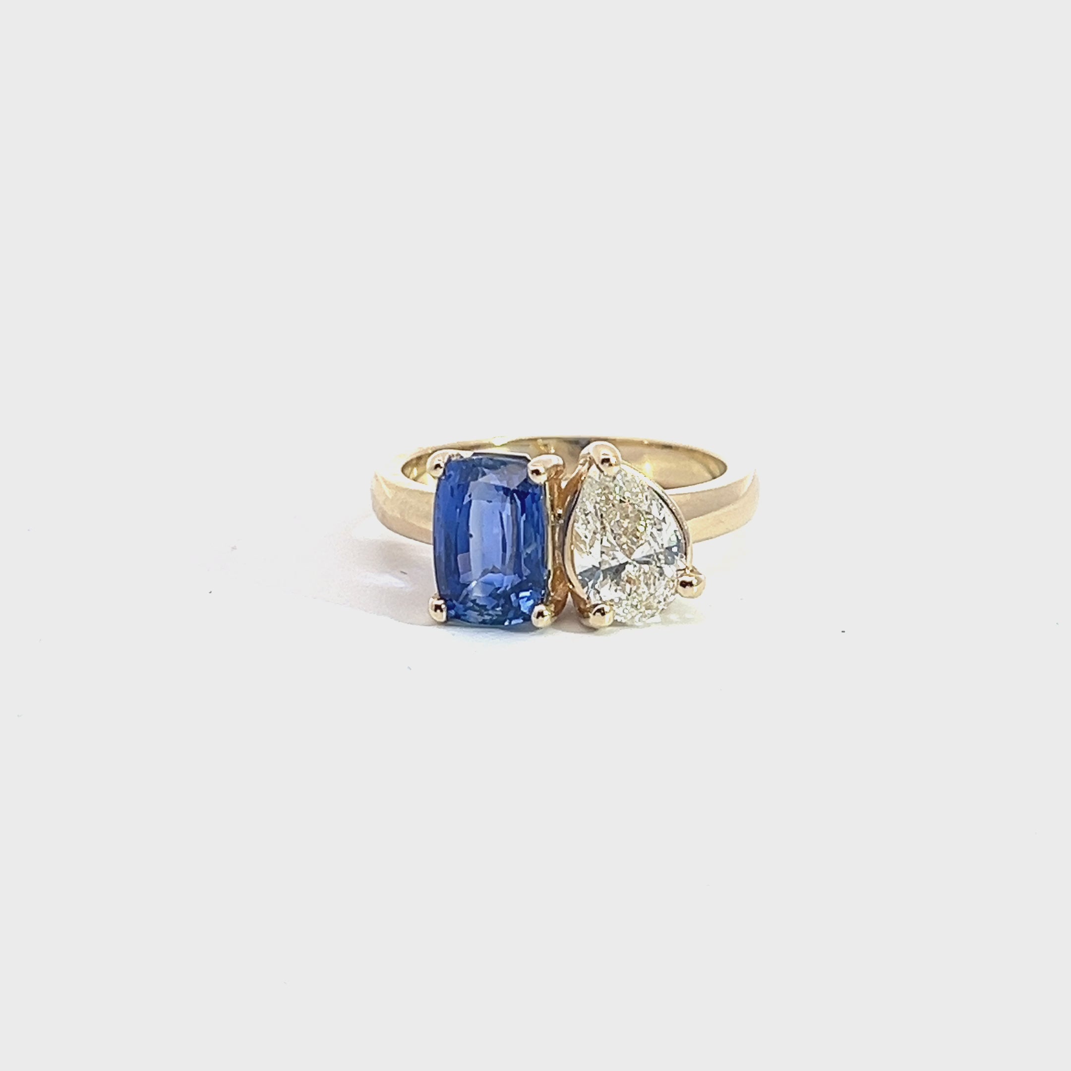 14k Yellow Gold 2.68ct Blue Sapphire Cushion Certified By Gia# 5201580967/ 1.01ct H SI2 Pear Shape Diamond  Certified By GIA# 2211892445 Toi et Moi Ring