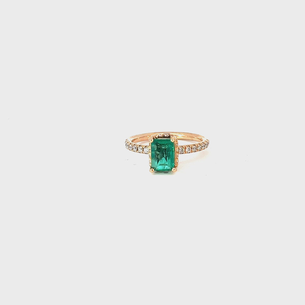 18k Rose Gold 1.17ct Emerald and .25ct G VS2 Round Ring