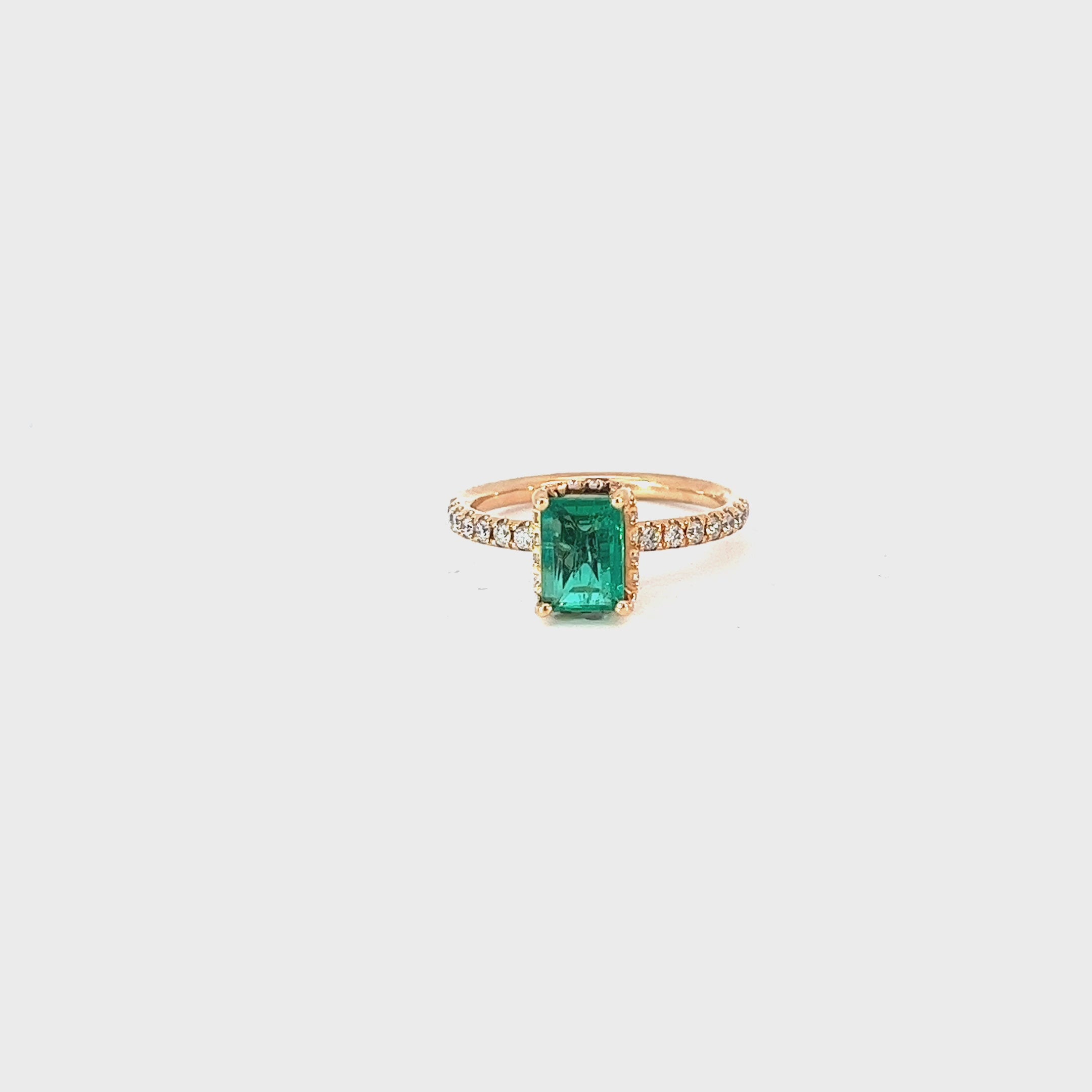18k Rose Gold 1.17ct Emerald and .25ct G VS2 Round Ring