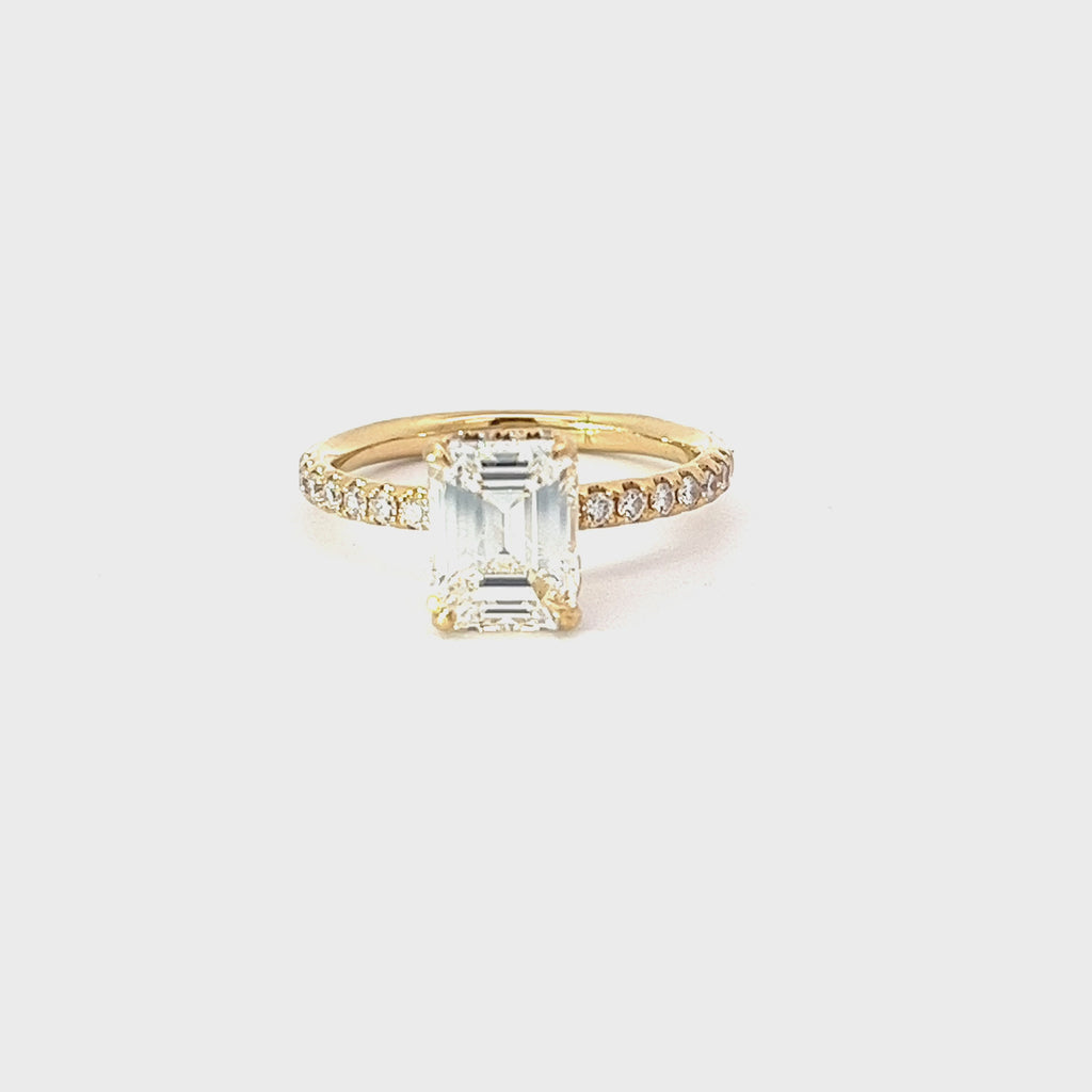 18K YELLOW GOLD 1.93ct K VS2 EMERALD CUT AND .35 GVS2 ROUND ENGAGEMENT RING CERTIFIED BY GIA # 5234203581