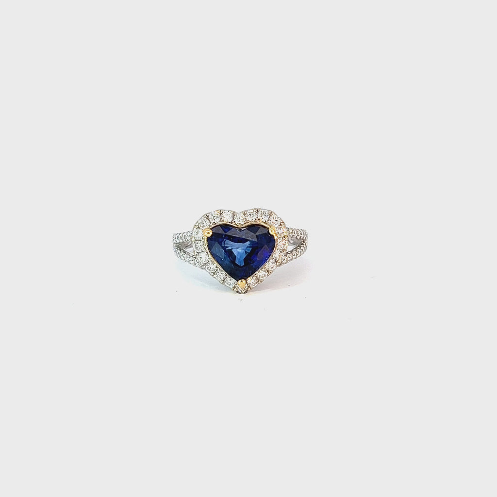 18k Two Toned 2.54ct Heart Shape Blue Sapphire and .66ct F VS2 Round Diamond Ring Certified By GIA # 6204094938