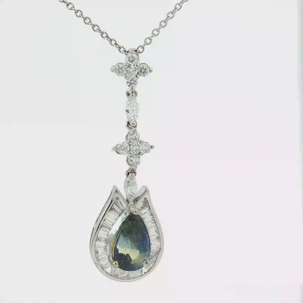 18k White Gold 4.54ct Zoned Blue and Yellow Pear Shape Sapphire Sri Lanka Surround By Baguette Channel Set Halo with Marquise and Round Diamond F VS2 Pendant Necklace Certified By GIA # 2235650287