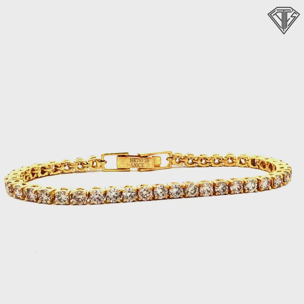 18k Yellow Gold 5.97ct Round Champagne Diamond Tennis Bracelet 7"inch