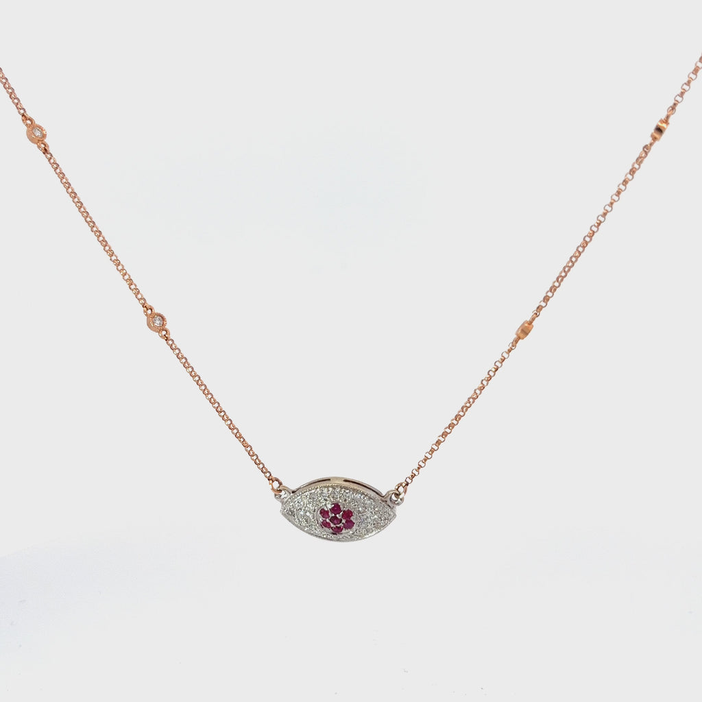 14k Two Tone Gold .45ct G SI1 Round Diamond and Ruby Evil Eye Necklace