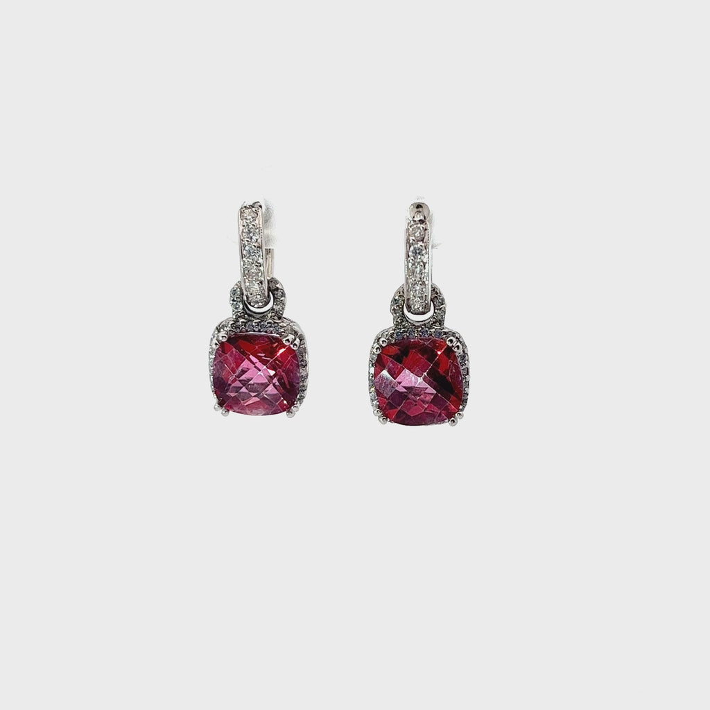 18k White Gold 5.00ct Cushion Pink Topaz and .50ct G SI1 Round Diamond Earrings