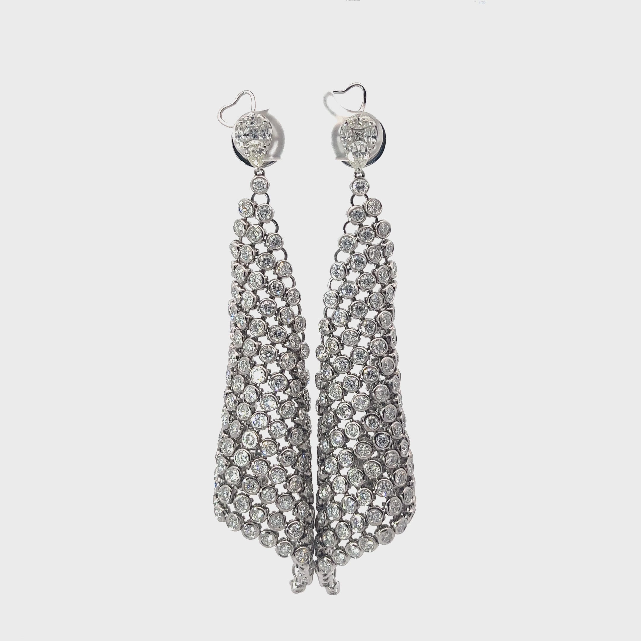 18K White Gold 12.00ct Pear Shape, Marquise and Round  Diamond Mesh Dangle Earrings