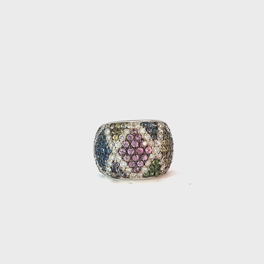 18k White Gold Multi-Colored Round Sapphire and Diamond Ring