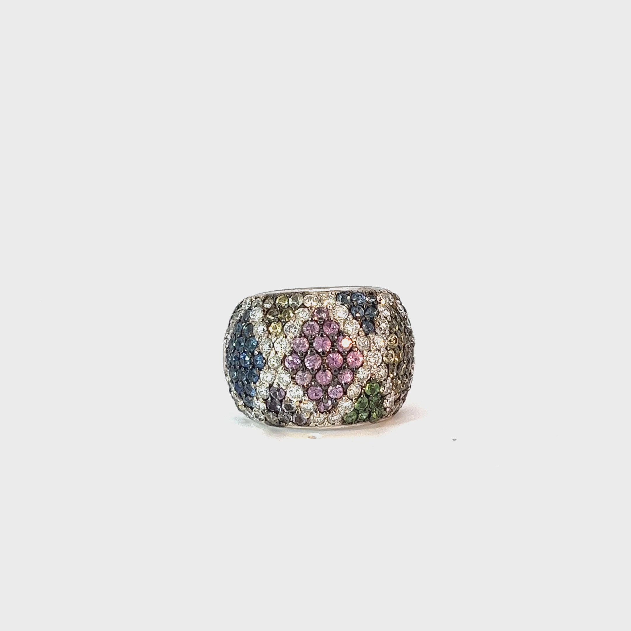 18k White Gold Multi-Colored Round Sapphire and Diamond Ring