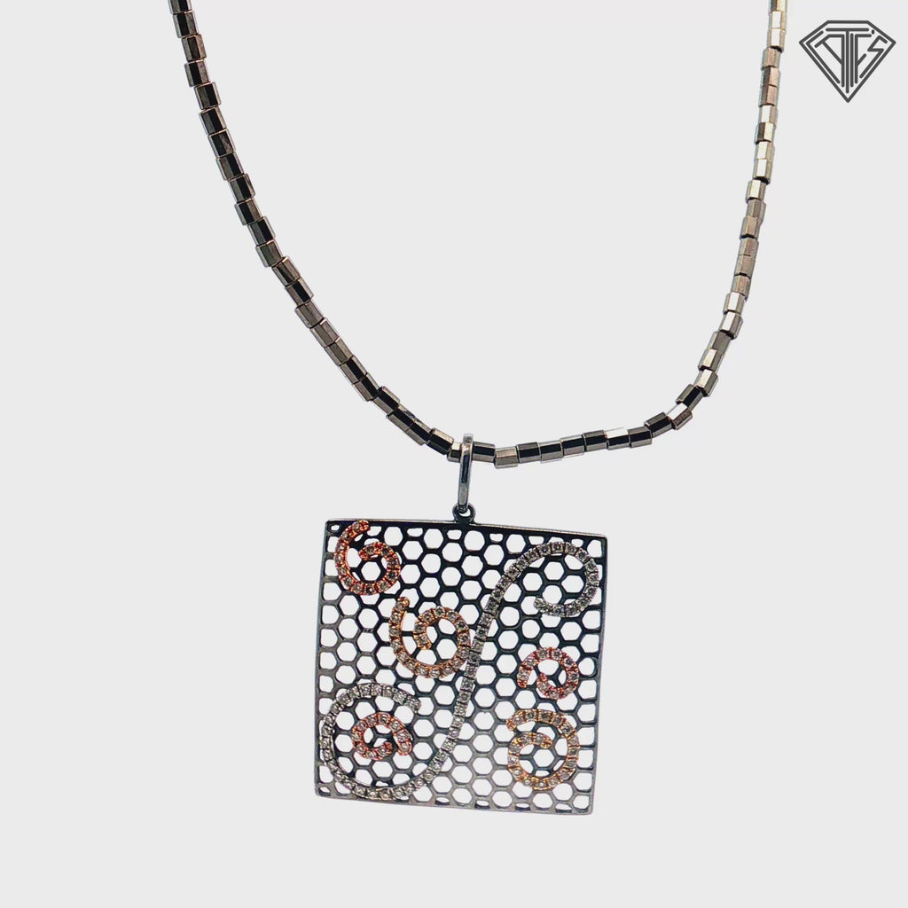 14k Rose/ White/ Black Rhodium .50ct G Si1 Round Diamond Square Open Work with a Honey Comb- Patterned Background / Scrolling Pave Set Design Pendant  1"inch