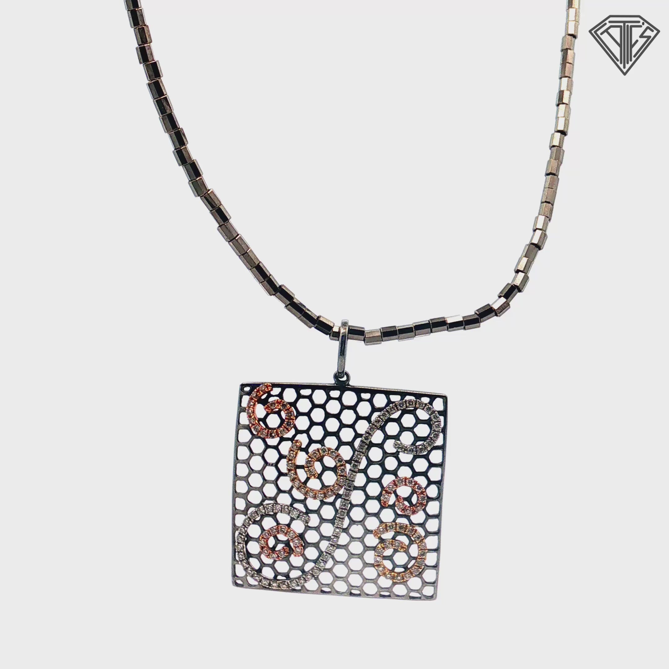 14k Rose/ White/ Black Rhodium .50ct G Si1 Round Diamond Square Open Work with a Honey Comb- Patterned Background / Scrolling Pave Set Design Pendant  1"inch