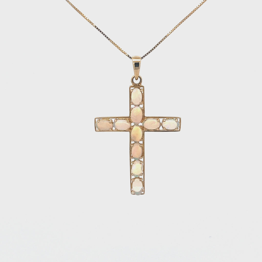 14k Yellow Gold 2.00ct Oval Shape Opal Cross Necklace
