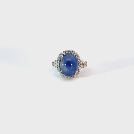 18k White Gold 6.75ct Oval Star Sapphire and 1.10ct F VS2 Round Ring