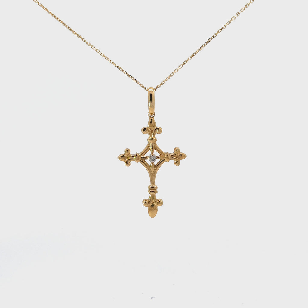 14k Yellow Gold .05ct G SI1 Round Diamond Paisley Cross Pendant  2.8 gram
