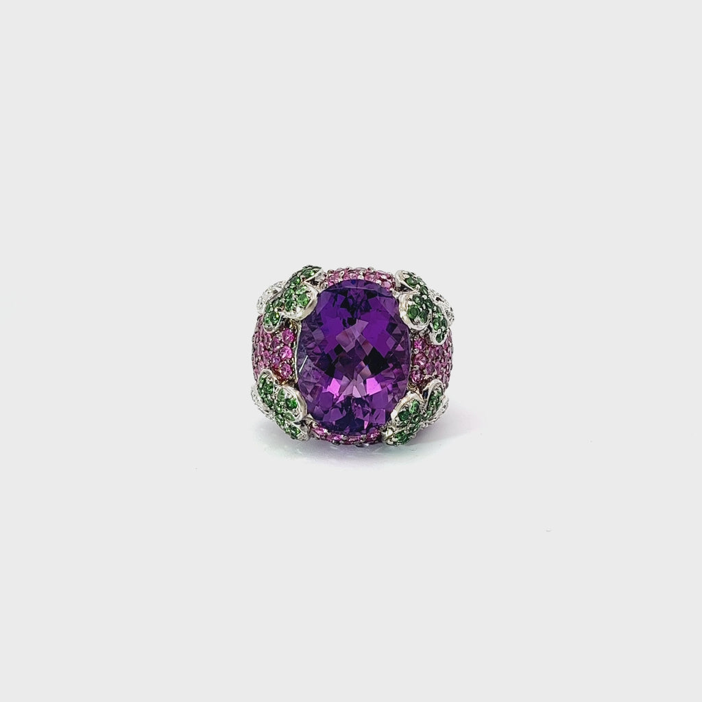 14k White Gold .20ct G SI1 Round Diamond ,Amethyst, Pink Sapphire, and Tsavorite Ring