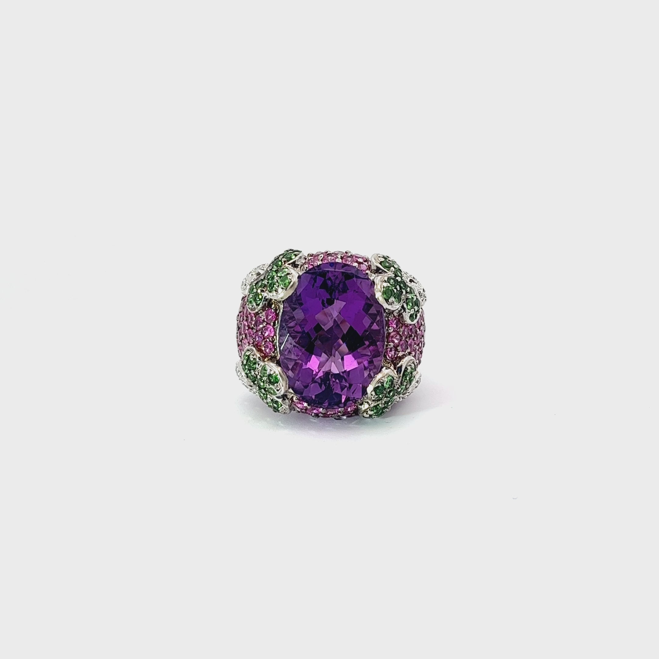 14k White Gold .20ct G SI1 Round Diamond ,Amethyst, Pink Sapphire, and Tsavorite Ring