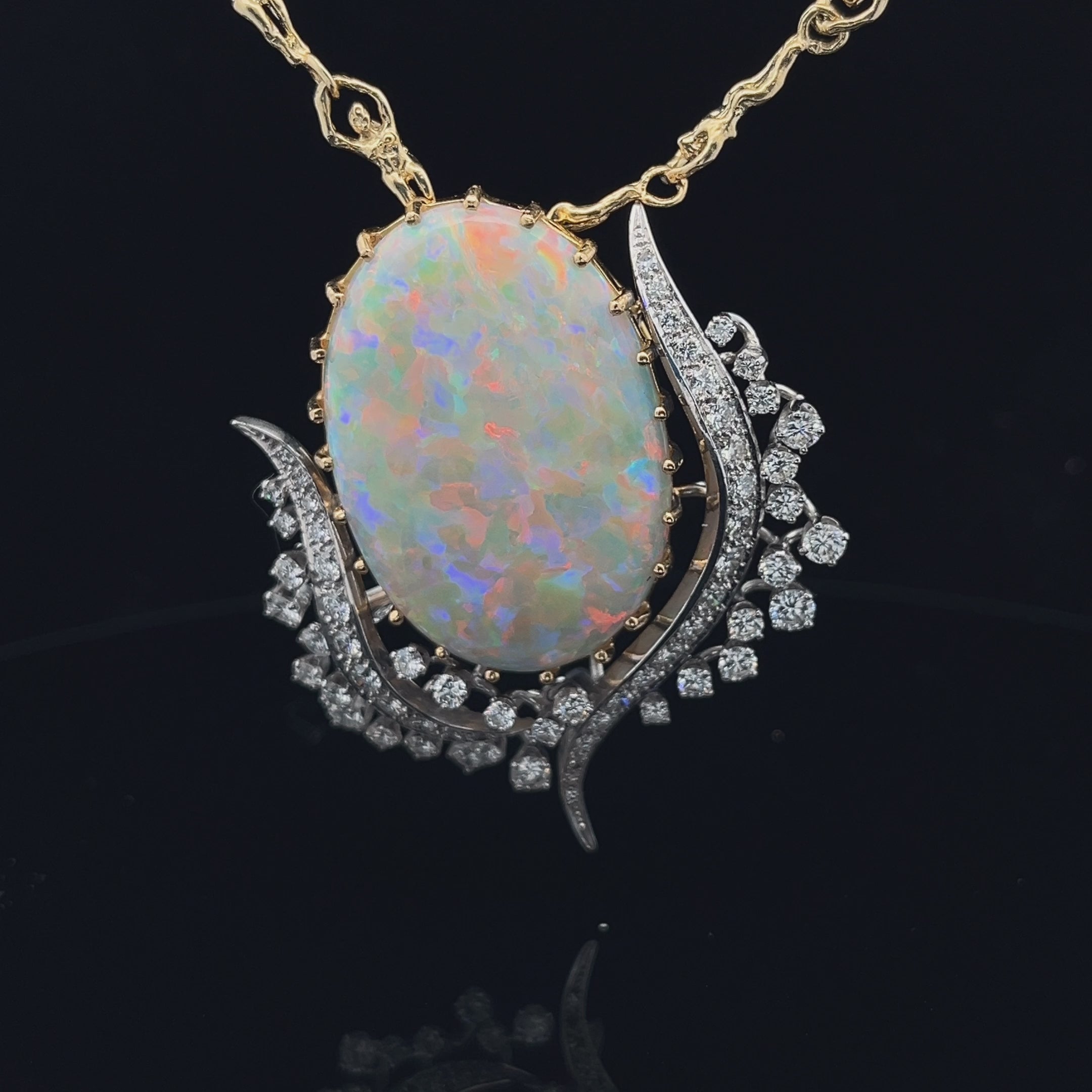 18k Yellow Gold and Platinum 27.28ct Opal and  3.00ct F VS2 Round Diamond Vintage Pin/Pendant Flower Tulip Certified By GIA #5234226978