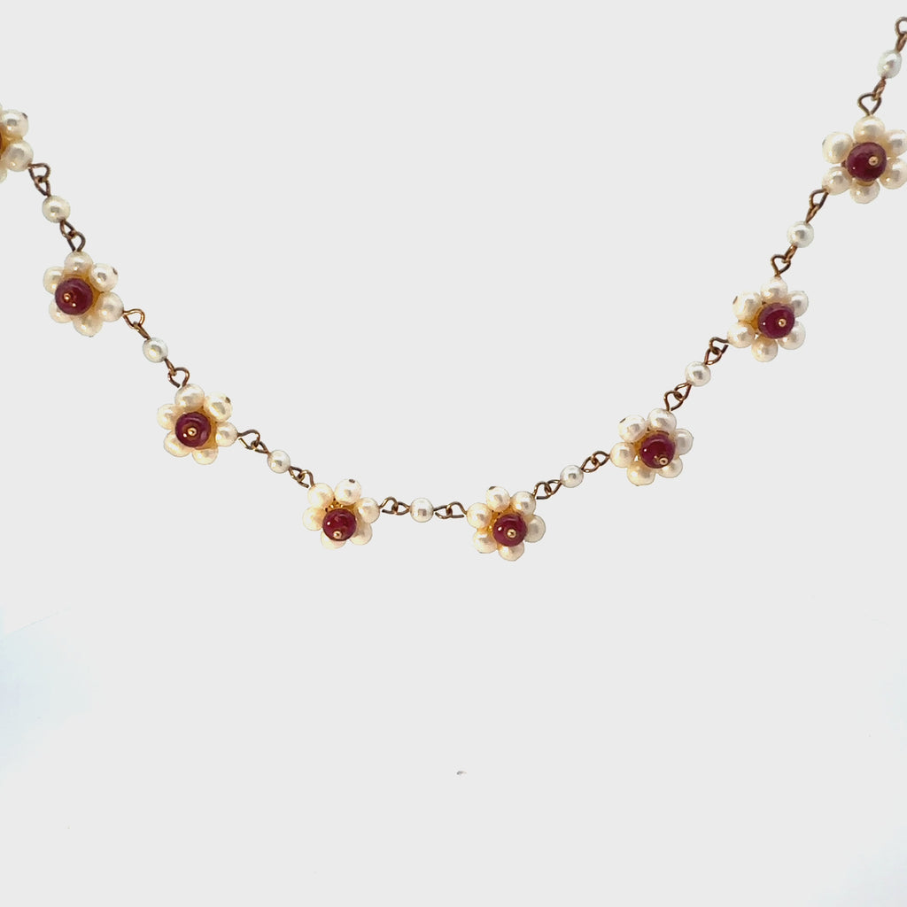 18k Yellow Gold Vintage Pearl & Ruby 2  Station, 120 Pearl and 40 Ruby 16" Choker Necklace