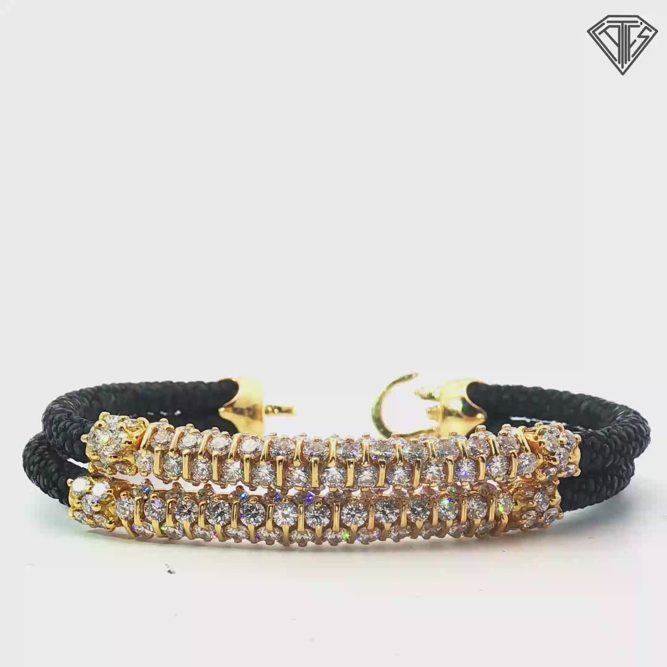 18k Yellow Gold 9.00ct (4) Rows of (66)Round Colorless Diamond with Black Stingray Leather Bracelet Deign By Sting HD Italian