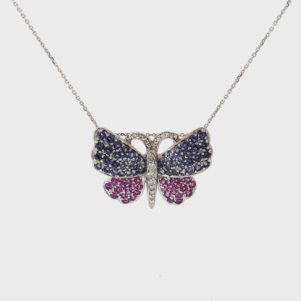 14k White Gold 3.00ct Round Sapphire and .25ct G SI1 Round Diamond Butterfly Necklace