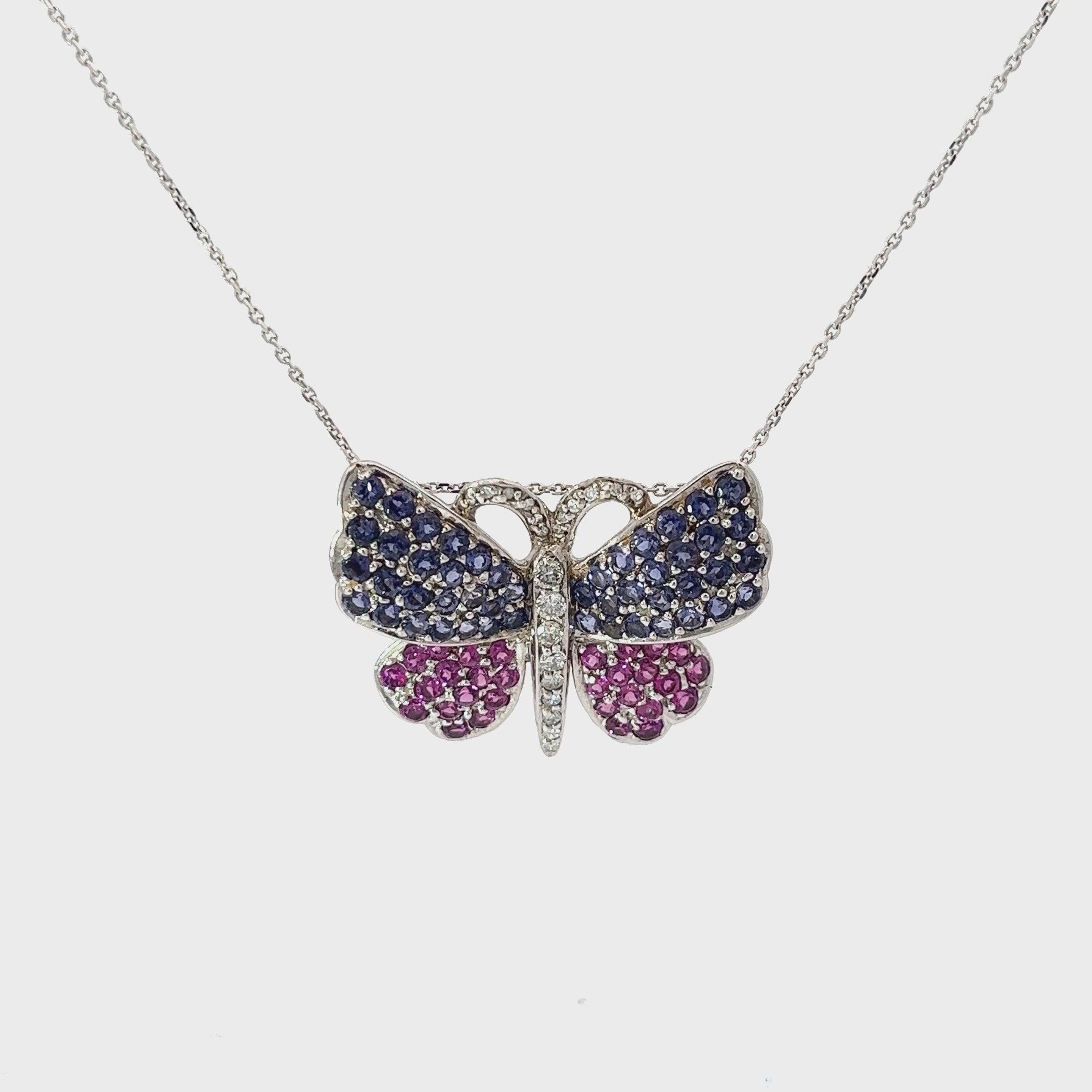 14k White Gold 3.00ct Round Sapphire and .25ct G SI1 Round Diamond Butterfly Necklace