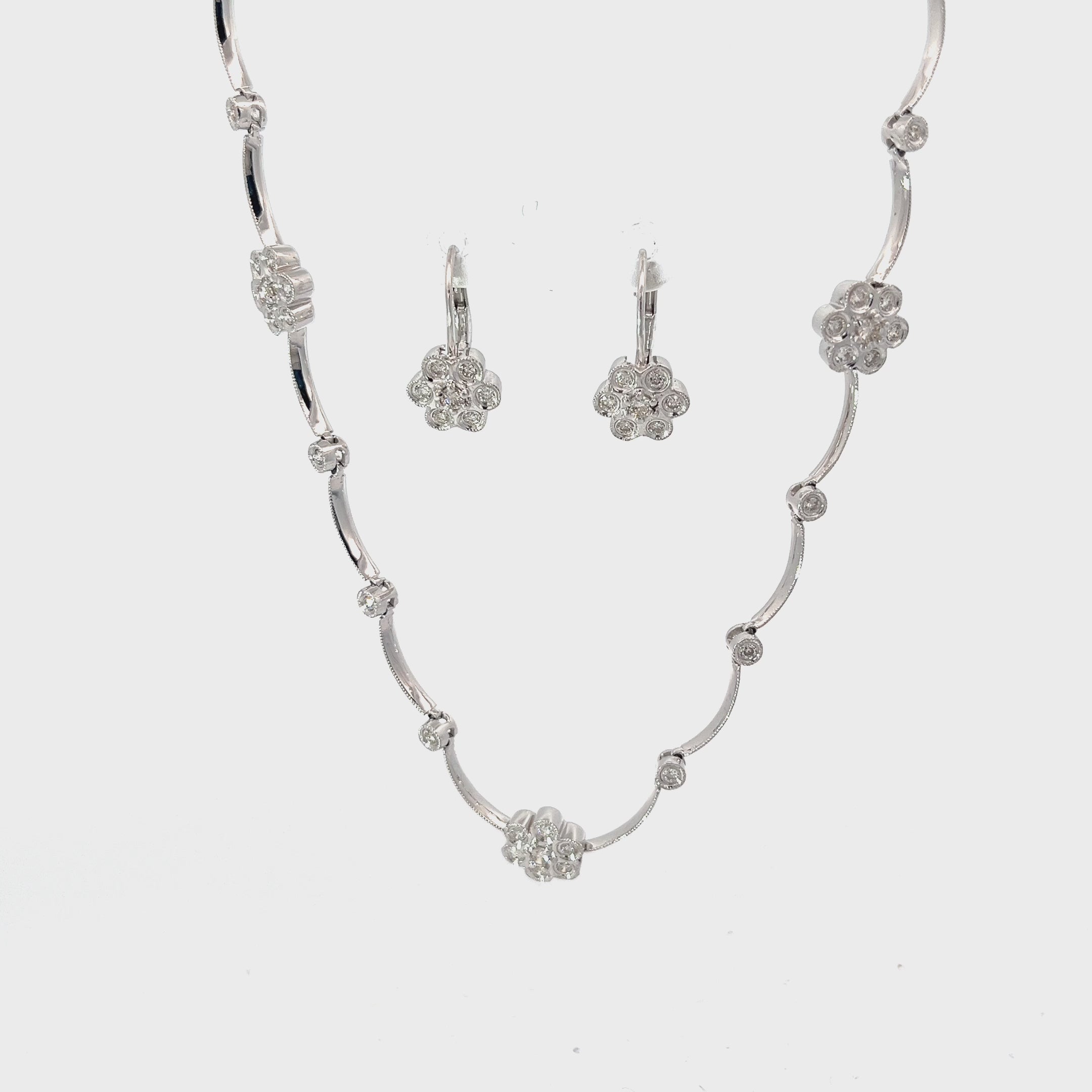 14k White Gold 1.00ct G VS2 Round Diamond Flower Necklace and Earring Set