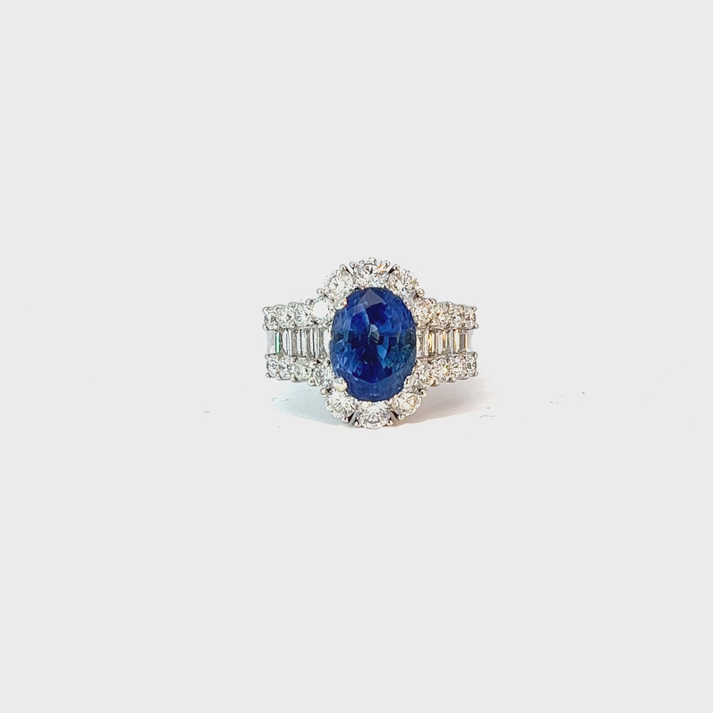 18k White Gold 5.63ct Oval Shaped Blue Sapphire and 2.50ct F VS2 Diamond Ring Certified By  GIA # 2185113239