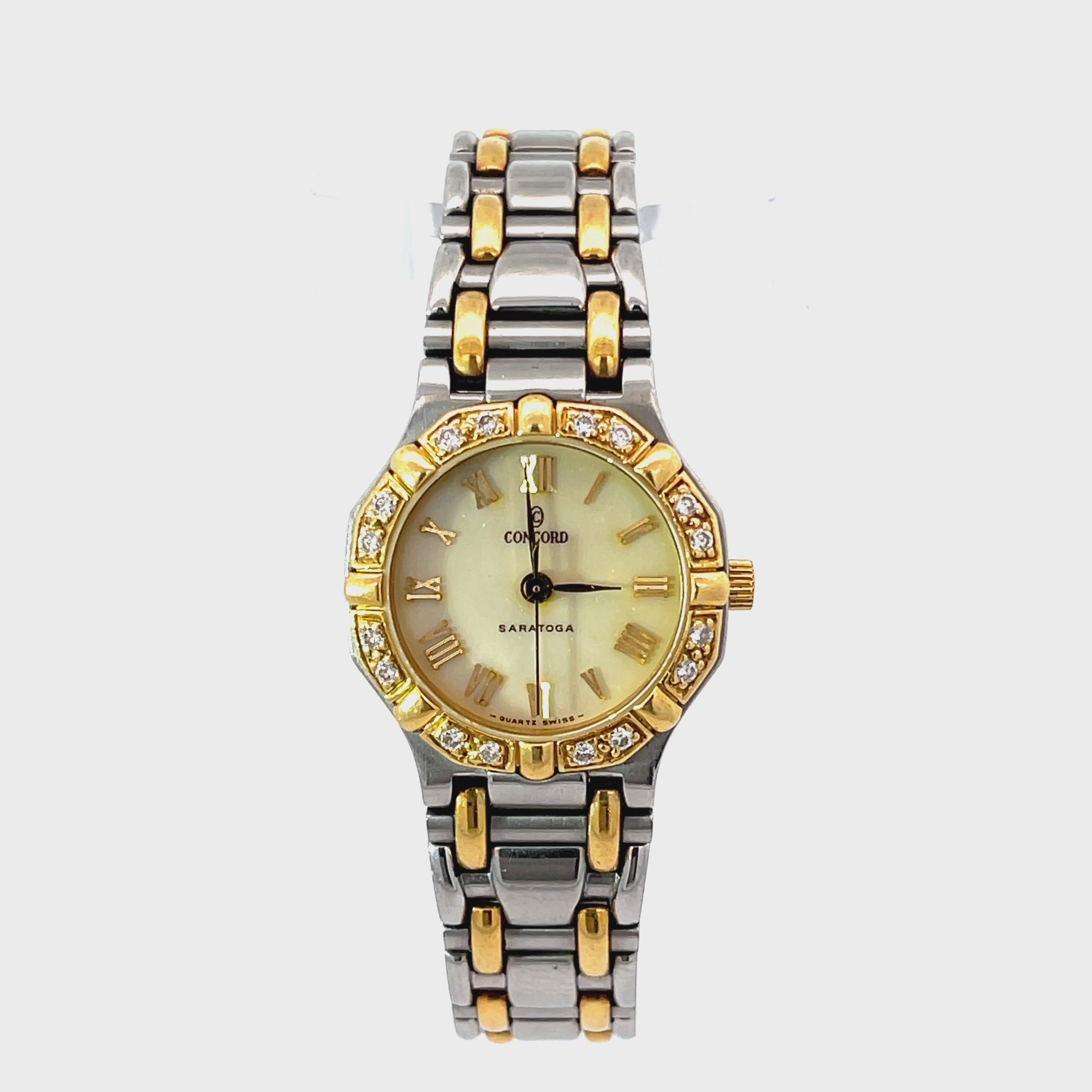 Pre-owned Ladies Concord Saratoga Two-tone MOP Roman Dial Diamond Bezel Quartz Watch model 87100