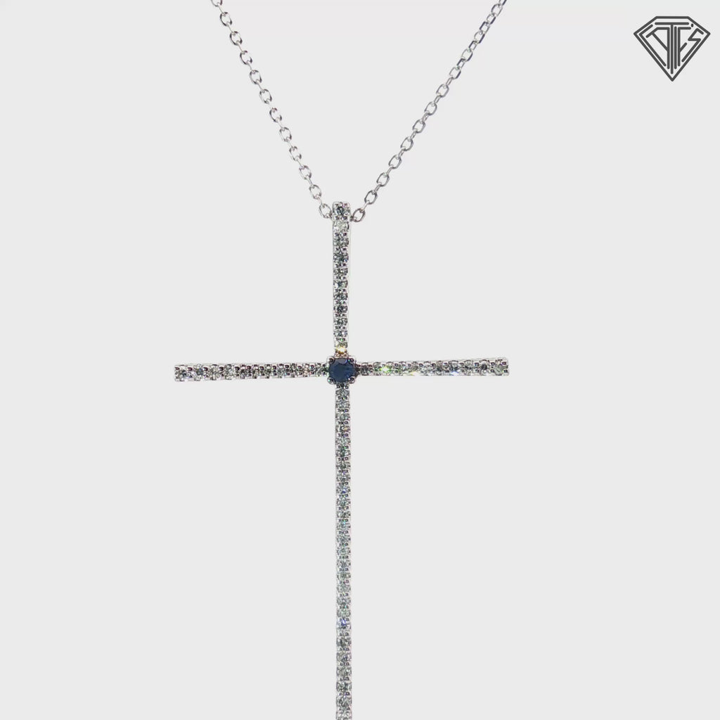 10k White Gold .30ct G SI1 Round Diamond and (1) Round Blue Sapphire Cross 1 1/2" x 1" with 14k White Gold Chain 18"inch  Design By Vera Wang