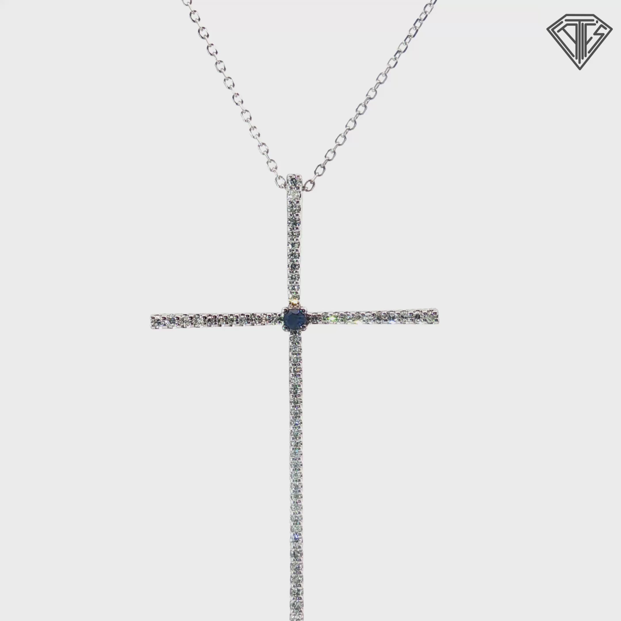 10k White Gold .30ct G SI1 Round Diamond and (1) Round Blue Sapphire Cross 1 1/2" x 1" with 14k White Gold Chain 18"inch  Design By Vera Wang