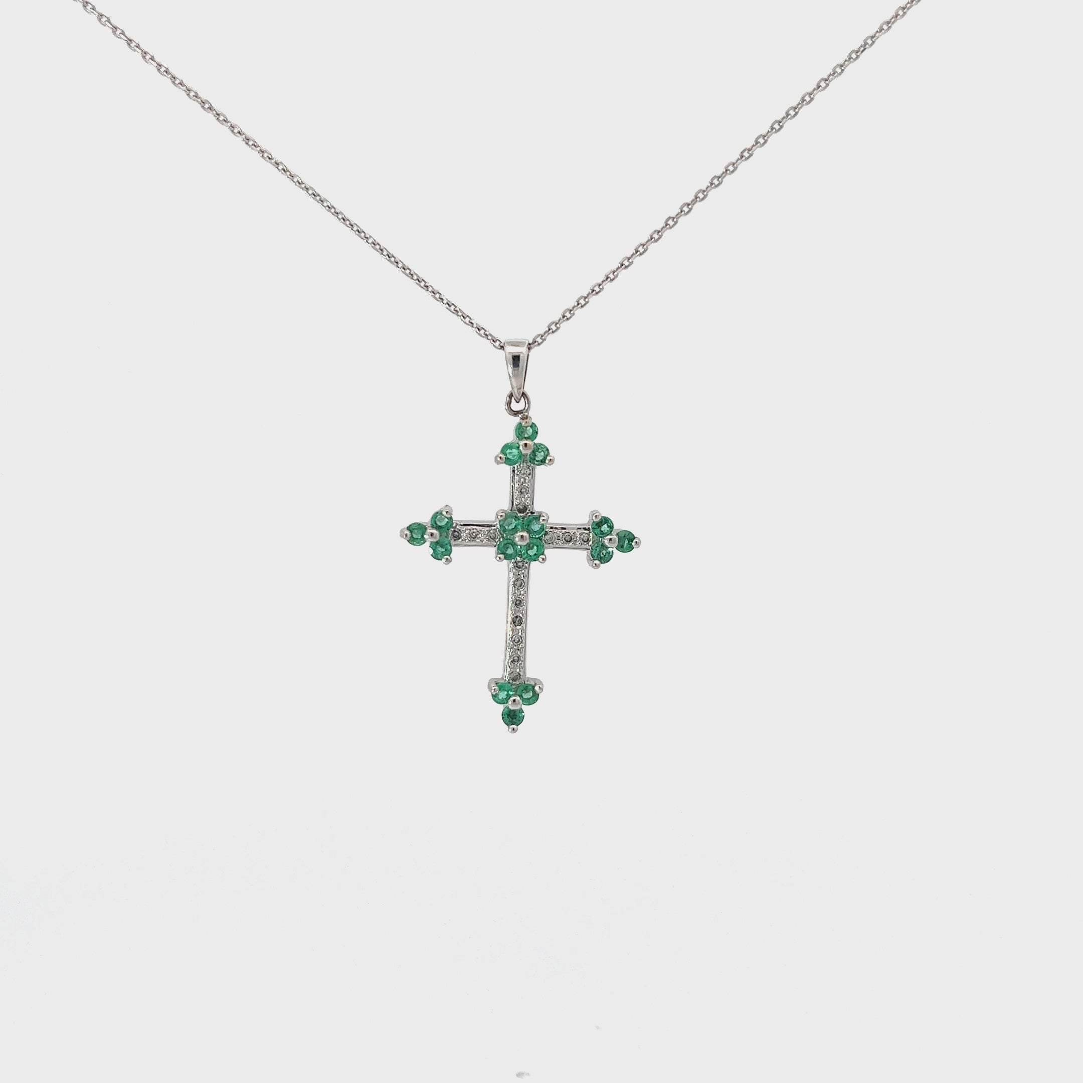 Ladies 14k white gold diamond and emerald cross necklace
