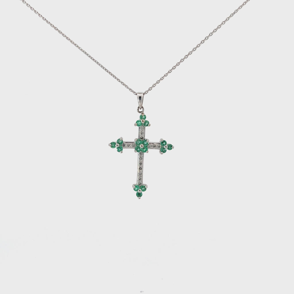14k White Gold .40ct G SI1 Diamond and .15ct Emerald Cross Necklace