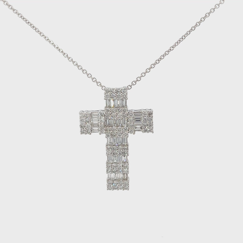 18k White Gold 2.00ct Baguette Diamond /1.50ct F VS2 Round Diamond Cross Pendant