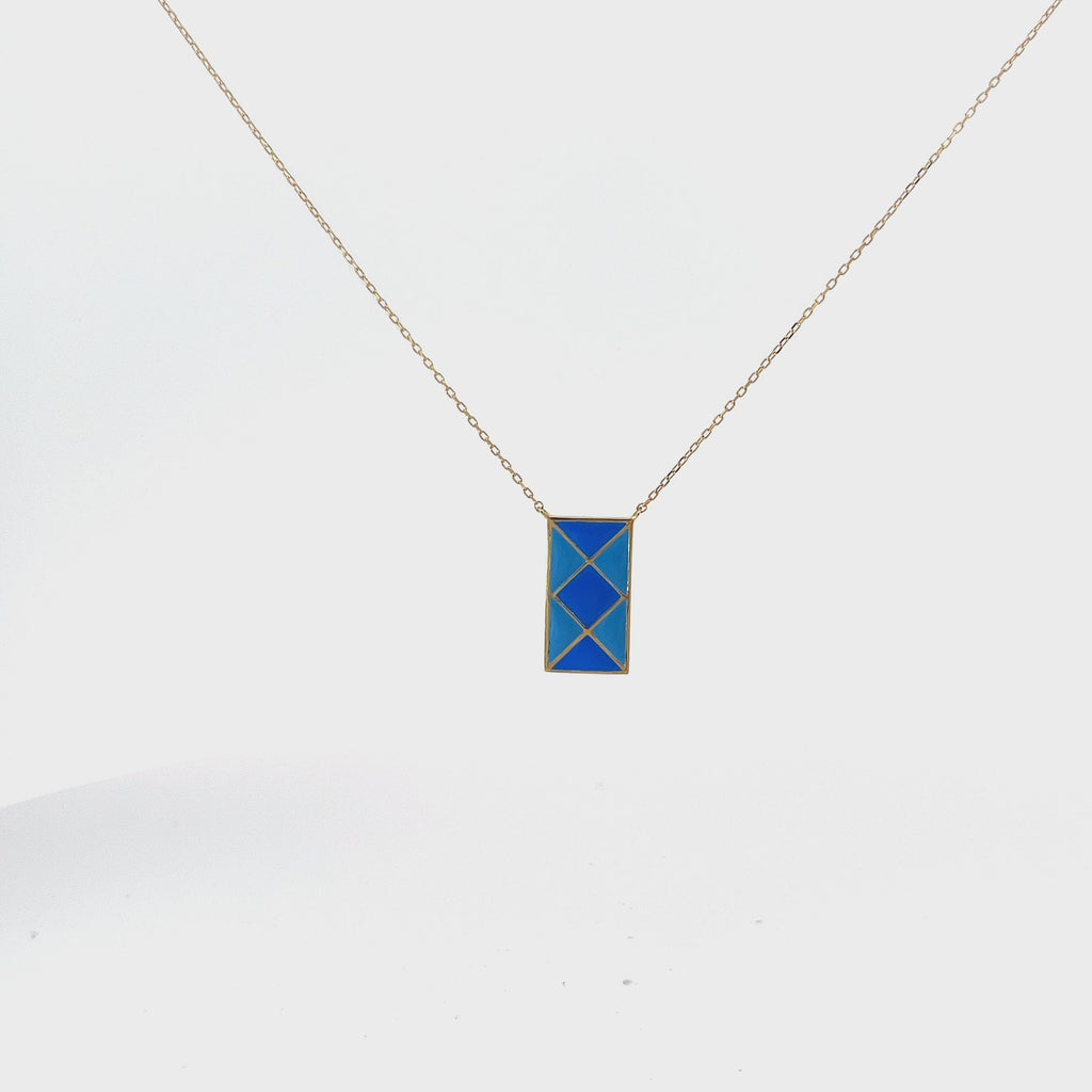 14k Yellow Gold Light Blue and Blue Enamel Rectangular Necklace