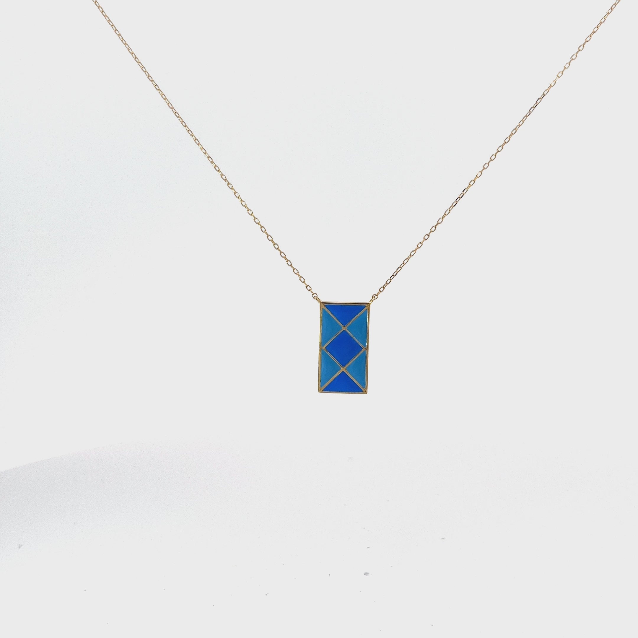 14k Yellow Gold Light Blue and Blue Enamel Rectangular Necklace