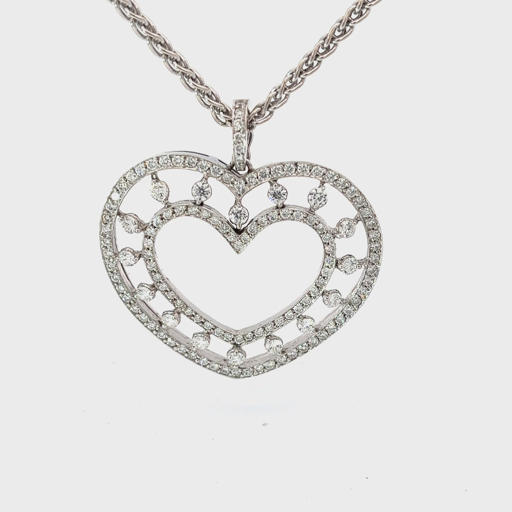 18k White Gold 2.50ct F VS2 Round Diamond Double Rim Heart Necklace
