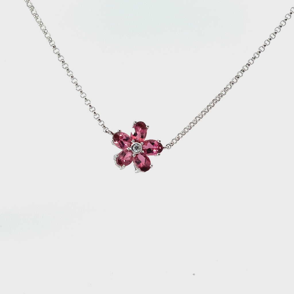 18k White Gold .05ct G SI1 Round Diamond and Oval Shape Pink Tourmaline Flower Necklace