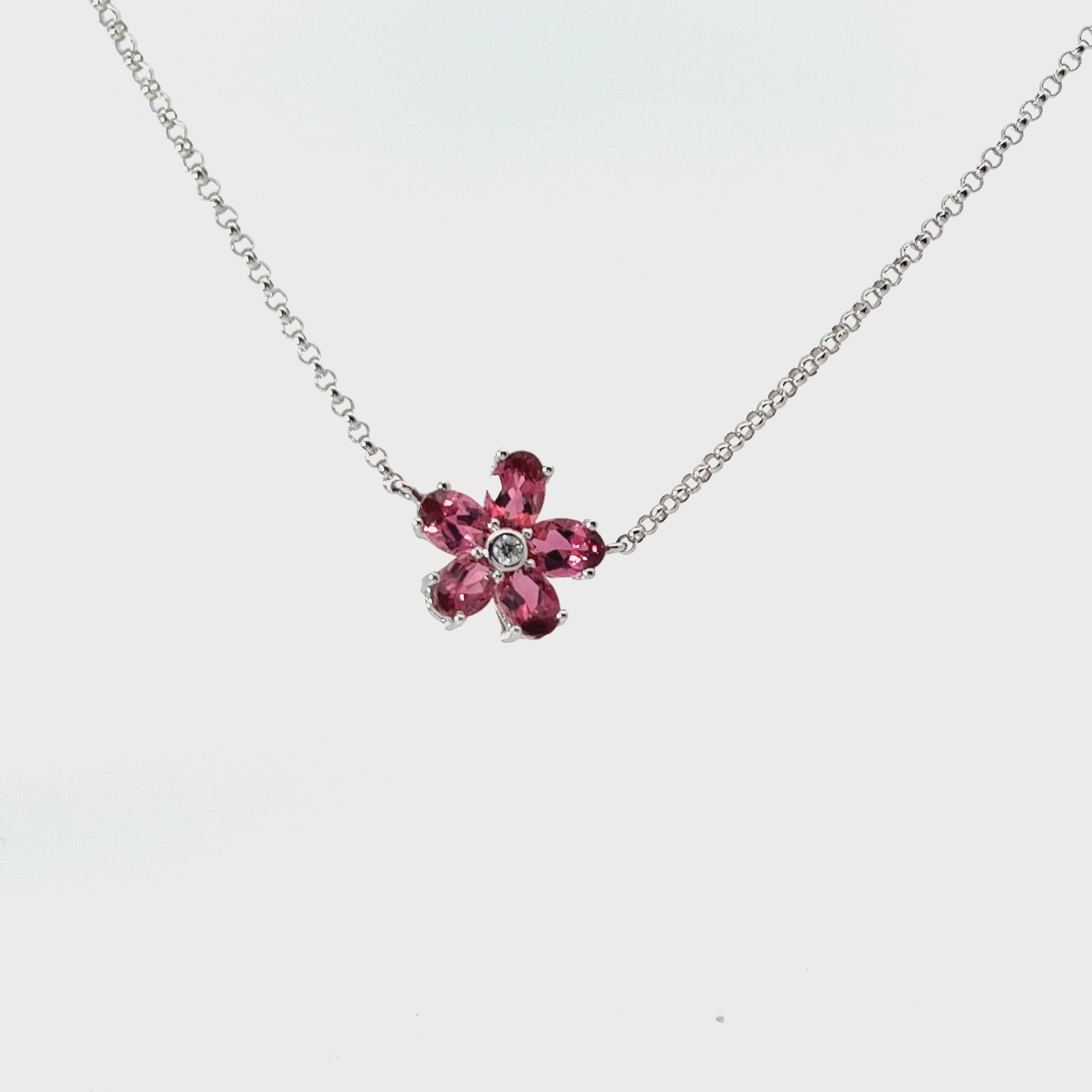 18k White Gold .05ct G SI1 Round Diamond and Oval Shape Pink Tourmaline Flower Necklace