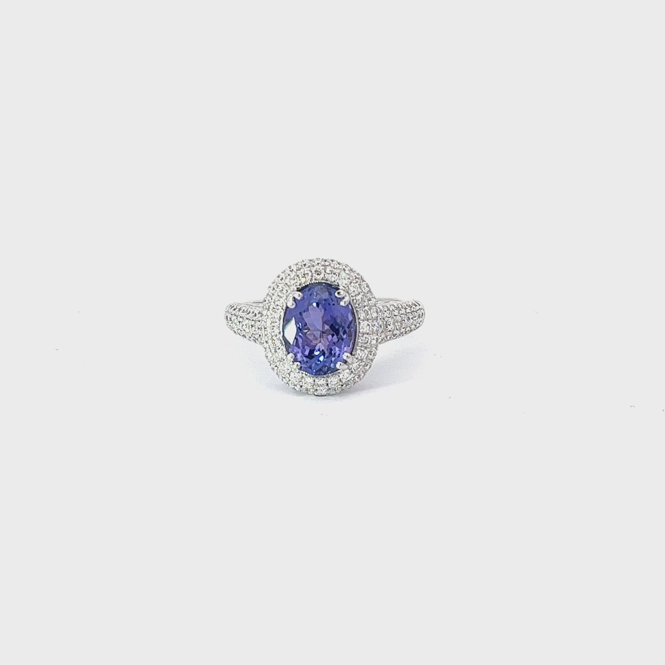 18K WHITE GOLD 2.00ct TANZANITE AA AND 1.00ct F VS2 ROUND DIAMOND PAVE RING