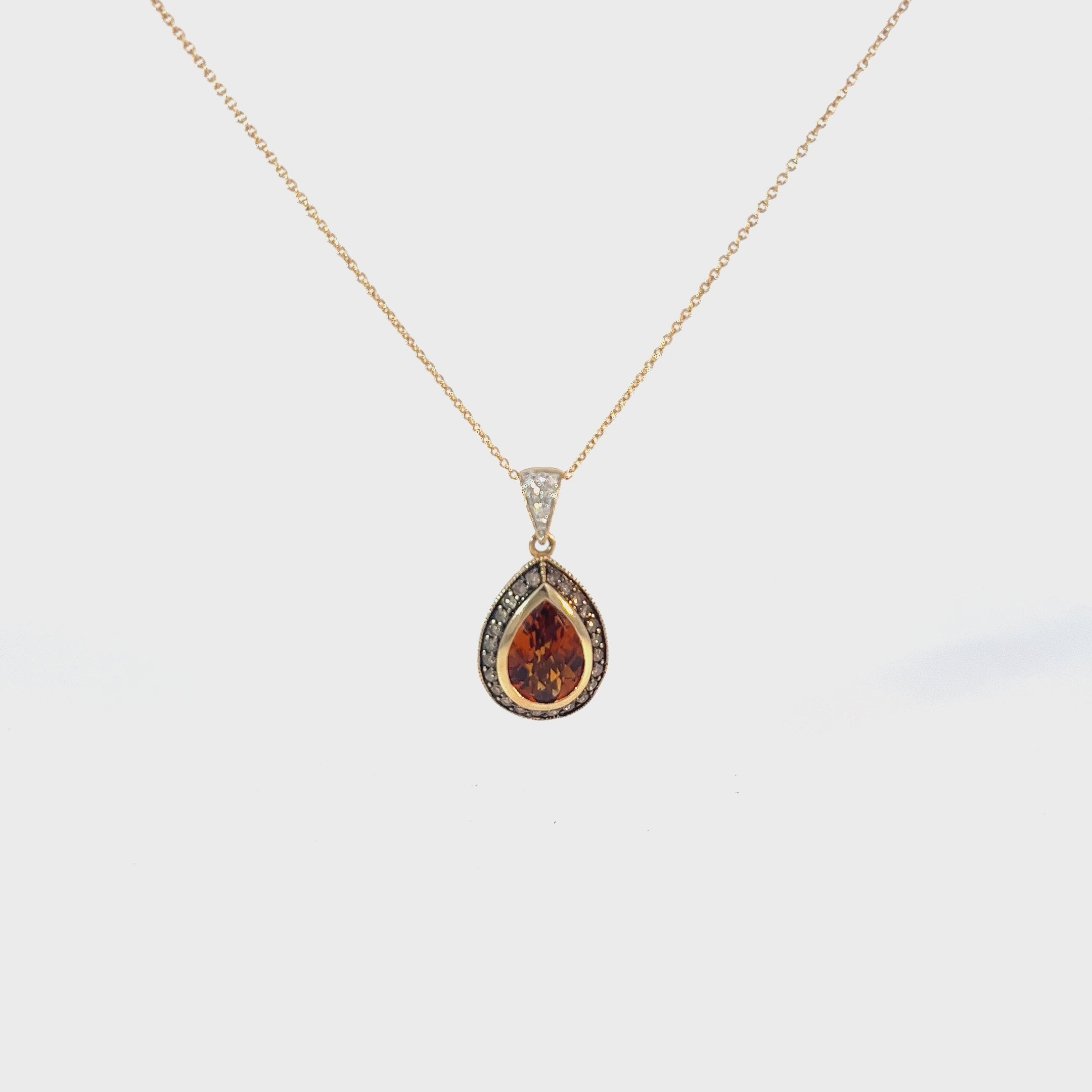 14k Yellow Gold 1.30ct Pear Shape Orange Citrine and .32ct G SI1 Total Weight of Chocolate and White Diamond Necklace